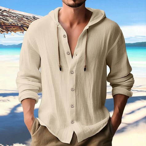 Men's Shirt Linen Shirt Beach Shirt Hooded Shirt Black White Blue Long Sleeve Plain Hooded Spring & Summer Casual Daily Clothing Apparel Button 2024 - Rs.2400 Linen Cardigan, Linen Shirt Men, Casual Long Sleeve Shirts, Hoodie Cardigan, Mens Linen, Top Streetwear, Cardigan Outfits, Beach T Shirts, Hooded Shirt