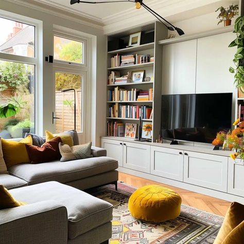 Bookshelves In Living Room With Tv, Industrial Chic Living Room, Room With Bookshelves, Kids Tv Room, Living Room With Tv, Black Bookshelves, Room With Tv, Home Library Rooms, Industrial Chic Design