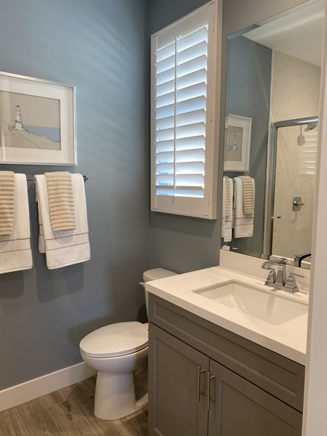 Gray Blue Bathroom Walls, Bathroom Paint Colors White Vanity, Bathroom Remodel Gray Vanity, Grey Vanity Blue Wall Bathroom, Gray Vanity Bathroom Paint Colors Wall, Sw Blue Bathroom, White Trim Bathroom, Sw Stardew Bathroom, Bathroom Paint Colors With Grey Vanity