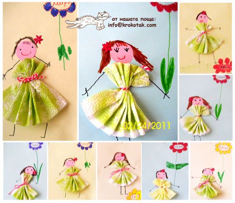 girl made with napkin Baba Marta, Holiday Art Projects, Cactus Craft, Art Lessons For Kids, Mothers Day Crafts, Holiday Art, Clothes Crafts, Craft Activities For Kids, Summer Crafts