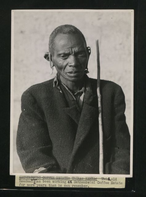 Description: Old Headman who has been working at Gethumbwini Coffee Estate for more years than he can remember. (Picture isued 1945)  Location: Gethumbwini, Kenya  Date: 1945 Colonial Office, Greyhound Statues, Africa Tribes, African Royalty, 90s Hip Hop, My Ancestors, National Archives, African History, African Culture