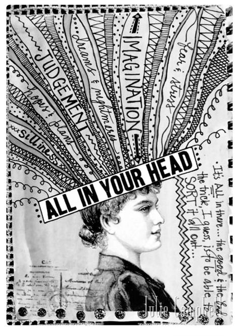 Great self-portrait assignment idea to develop for at-risk teens - combine drawing, use of text in a composition, self reflection, self expression and a form of art therapy throughout the process. #selfportrait #portrait #arttherapy #atriskstudents #arteducation #teachingart All In Your Head, Kunstjournal Inspiration, Poesia Visual, Art Projects For Teens, Art Therapy Projects, Teen Art, Psy Art, Art Therapy Activities, Ecole Art