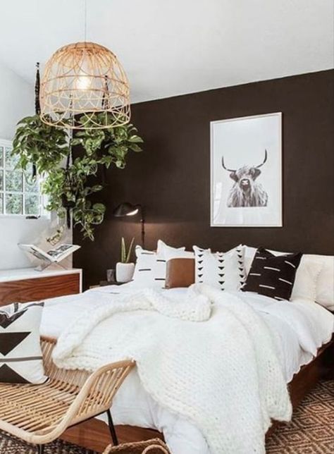 a cool monochromatic modern bedroom with a black accent wall, black and white graphic bedding and a rattan chair at the foot of the bed Bedroom Farmhouse, Bedroom Decor Inspiration, Accent Wall Bedroom, Master Decor, Brown Walls, Master Bedrooms Decor, Bed Room, Decor Rustic, Cheap Home Decor