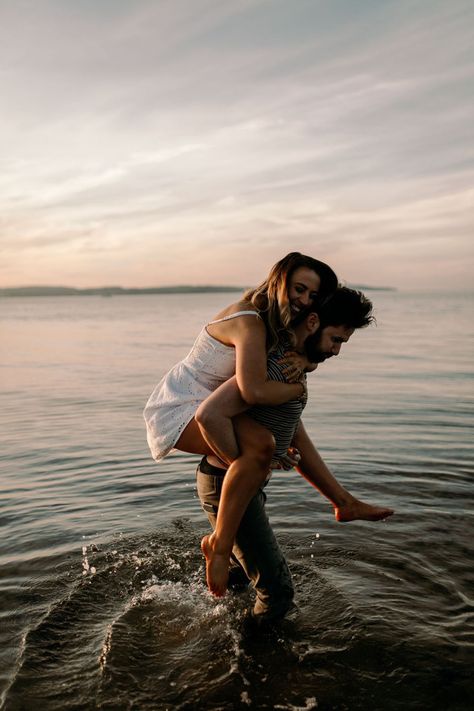 Couples In The Water Photography, Couples Photo Shoot In Water, Couples Photoshoot By Water, Sunset Water Engagement Photos, Couple Poses In Water, Couple Shoot In Water, Couple Beach Pictures In Water, Couple Water Shoot, Cute Fun Couple Pictures