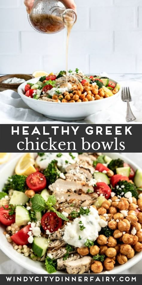 Hearty and delicious Greek Chicken Bowls are loaded with juicy chicken, roasted chickpeas and fresh veggies! Perfect for a healthy dinner or make ahead for an easy lunch that you can take on the go! Think of a deconstructed gyro. #mediterraneanrecipes #lowcarbrecipe #healthychickenrecipes Baja Chicken Grain Bowl, Loaded Greek Potato Bowls, Low Calorie Greek Chicken Bowls, Chickpea Salad With Chicken, Italian Chicken Meal Prep Bowls, Chicken Grain Bowls Healthy, Grilled Chicken Bowls Healthy, Shredded Chicken Bowls Healthy, Shredded Chicken Bowl Recipes