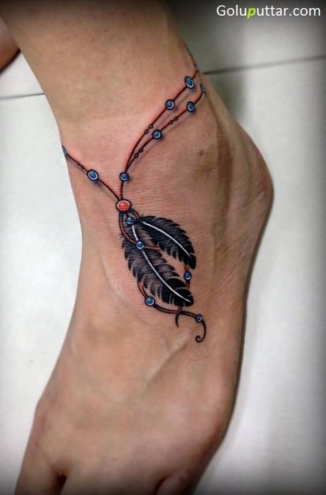 Tattoo Designs Ankle, Tony Tattoos, Beads Tattoo, Feather Tattoo Ankle, Anklet Tattoo, Ankle Tat, Ankle Bracelet Tattoo, Ankle Tattoo Designs, Bracelet Tattoo