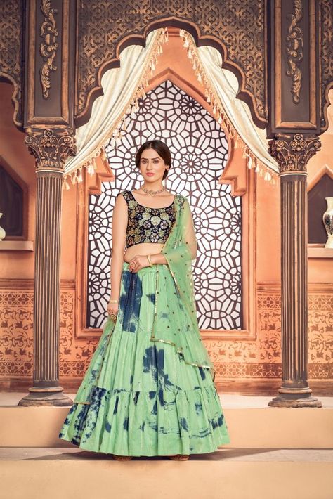 Lehenga chaniya choli ghaghra chunni with dupatta Silk embroidery Anarkali Gown latest design Pista Green Lehenga, Mint Green Lehenga, Modern Lehenga, Green Lehenga Choli, Cotton Lehenga, Indian Wedding Fashion, Pista Green, Shibori Print, Work Lehenga