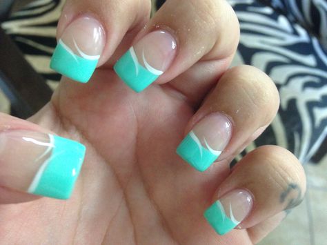 Teal Tip Acrylic Nails, Teal Nail Tip Designs, Teal French Tip Nails Square, Teal And White Nails, Nails With White Stars, Nails White Design, Nails With White, Lace Nail Art, Aqua Nails