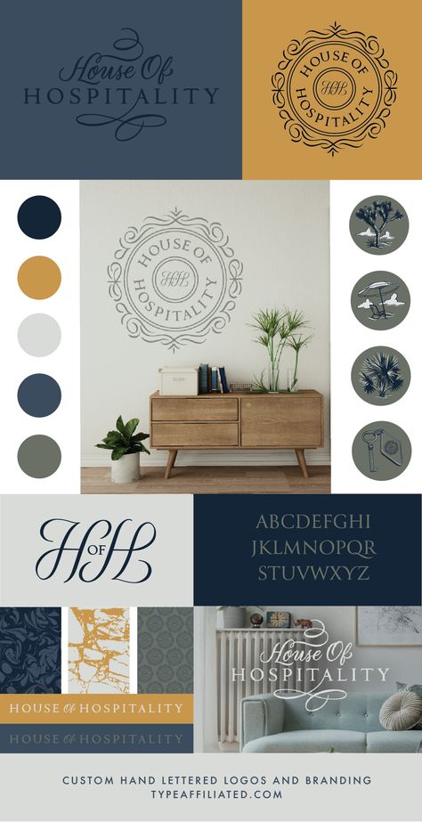 Hospitality Color Palette, Type Affiliated, Hand Lettered Logo, Hospitality Branding, Brand Patterns, Brand Board Design, Airbnb Business, Hand Lettering Logo, Design Apps