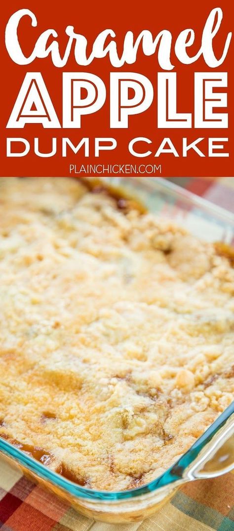 Caramel Apple Dump Cake - tastes like Fall Y'all!! With only 4 simple ingredients, you can't go wrong with this easy dessert recipe! Great for a crowd. Serve warm with some vanilla ice cream or fresh whipped cream. I never have any leftovers! A real crowd pleaser!! Apple Dump Cake, Caramel Apple Dump Cake, Dessert Halloween, Apple Caramel, Potluck Desserts, Apple Dump Cakes, Easy Dessert Recipe, Quick Dessert Recipes, Healthy Recipes Easy Snacks