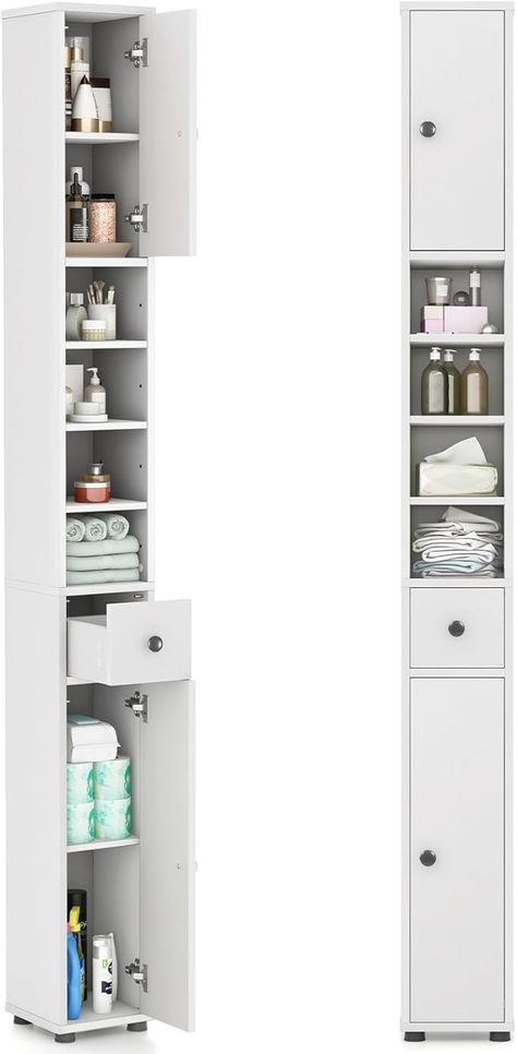 Amazon.com: Tangkula Tall Slim Bathroom Storage Cabinet, 71" Freestanding Bathroom Cabinet w/ 2 Doors, 1 Drawer & 5 Adjustable Shelves, Floor Narrow Tower Cabinet for Small Spaces, 8" x 8" x 71" (White) : Home & Kitchen Slim Bathroom Cabinet, Tower Cabinet, Slim Bathroom Storage Cabinet, Slim Bathroom, Slim Storage Cabinet, Slim Bathroom Storage, Tall Bathroom Storage Cabinet, Tall Bathroom Storage, Narrow Storage Cabinet