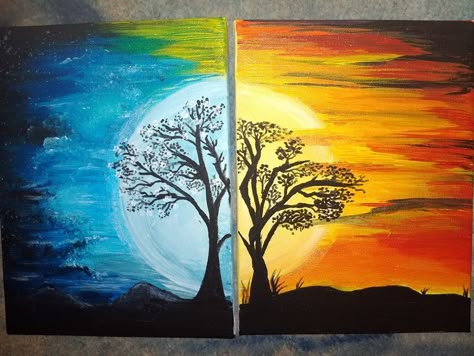 Sun And Moon Painting Canvases, Painting Ideas Moon And Sun, Duo Canvas Painting Ideas, Sun And Moon Painting Ideas, Half Sun Half Moon Painting, Sun And Moon Painting Canvases Easy, Sun And Moon Drawing Paintings, Duo Painting Ideas, Duo Paintings