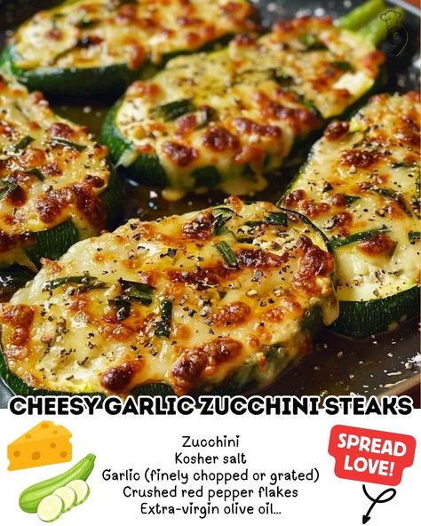 Cheesy Garlic Zucchini Steaks 4 Zucchini Steaks, Pork Chop Supreme Recipe, Vegan Cheese Substitute, Garlic Zucchini, Best Zucchini Recipes, Low Calorie Vegetables, Cheesy Zucchini, Chicken Broccoli Casserole, Broccoli Casserole