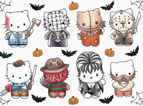 Hello Kitty Freddy Kruger, Hello Kitty As Horror Movies, Hello Kitty Horror Characters, Chibi Horror Characters, Cute Horror Movie Characters, Chucky Hello Kitty, Hello Kitty Horror, Hello Kitty Tattoos, Charmmy Kitty