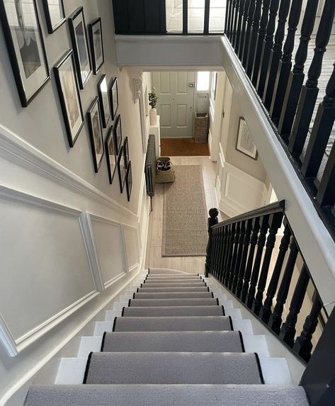 Ammonite Panelling, Panelling Stairs, Victorian Terrace Hallway, Stairs Painted, Edwardian Hallway, Stairs And Hallway Ideas, Stair Paneling, Victorian House Interiors, Staircase Interior Design