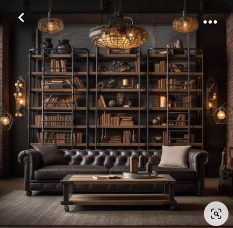 Funky Living Room Ideas, Cozy Industrial Living Room, Funky Living Room, Dark Academia Interior, Regal Industrial, Chesterfield Living Room, Funky Living Rooms, Bookshelves In Living Room, Modern Minimalist Living Room