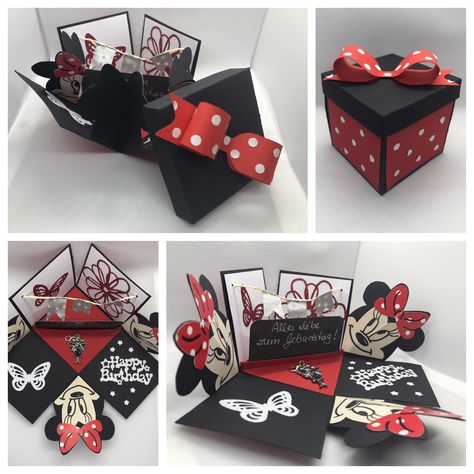 #Explosionsbox #geburtstagsgeschenk #gutscheinverpackung #Gutschein #disney #minnie #selbstgemacht Disney Surprise Box Ideas Diy, Disney Surprise Box Ideas, Disney Birthday Card, Birthday Explosion Box, Disney Box, Diy Pop Up Cards, Disney Surprise, Gold Graduation Party, Exploding Box Card