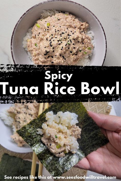 Mixed tuna mayo on top of rice recipe Spicy Tuna Wrap Recipe, Tuna Rice Bowl, Tuna Lunch, Seaweed Wrap, Tuna Rice, Mediterranean Diet Recipes Dinners, Healthy Tuna, Seaweed Snacks, Rice Bowls Recipes