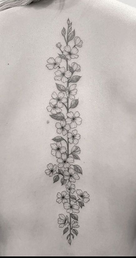 Floral Spine Tattoo Stencil, Morning Glory Spine Tattoo, Cherry Blossom Spine Tattoo, Henna Tato, Spin Tattoo, Floral Spine Tattoo, Vertical Tattoo, Wrap Around Wrist Tattoos, Matching Bff Tattoos