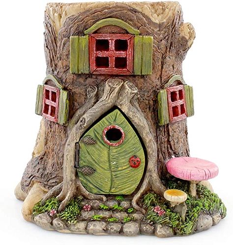 Amazon.com: NW Wholesaler Fairy Garden Miniature Tree Stump House with Working Door - 6 Inch Fairy Garden Home Detailed Fairy Garden House with Working Door : Patio, Lawn & Garden Tree Stump Fairy Garden, Basic Sketches, Tree Stump House, Stump House, Tropical Garden Party, Wood Log Crafts, Fairy Garden House, Green Shutters, Door Garden