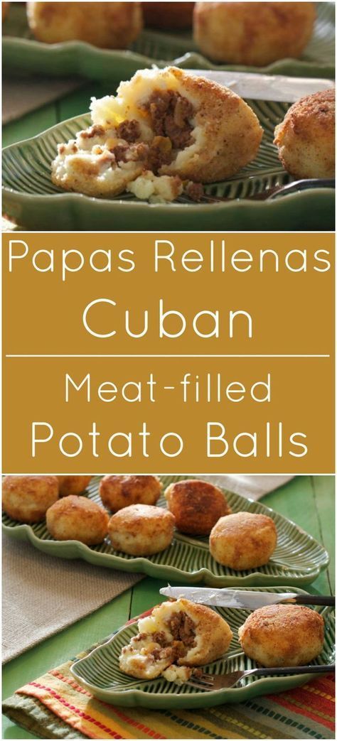 Cuban Christmas, Potato Balls, Cuban Dishes, Boricua Recipes, Cuban Cuisine, Cuban Food, Stuffed Potato Balls, Meat Appetizers, Spanish Dishes