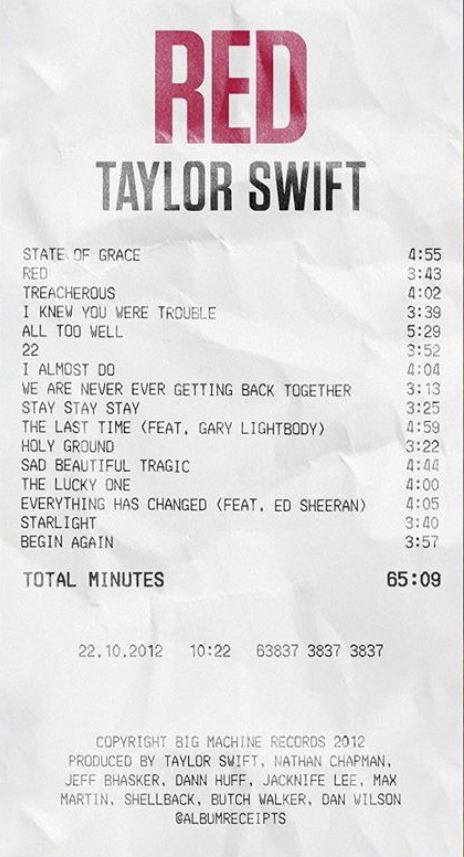 Taylor Swift Red Receipt, Taylor Swift Album Receipt, Red Receipt, Album Receipts, Taylor Swift Red Album, Album Receipt, Gary Lightbody, Red Album, Selena And Taylor