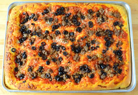 Sfincione:  Sicilian Style Pizza Sicilian Style Pizza, Sicilian Style, Rice Stuffing, No Egg Desserts, Sicilian Pizza, Lions Den, Panzanella Salad, Meat Pasta, Salad Sauce