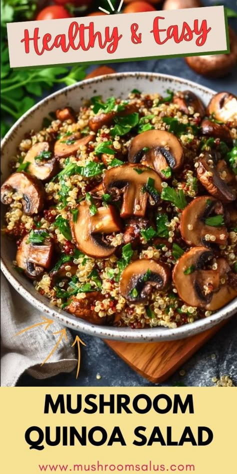 Looking for a simple yet delicious way to enjoy a healthy vegetarian meal? This Mushroom Quinoa Salad is packed with protein-rich quinoa, savory sautéed mushrooms, and fresh herbs. It's one of the best quinoa salad recipes that’s perfect for meal prep or a quick weeknight dinner. It is perfect if you are craving a Mediterranean quinoa salad or just an easy-to-make healthy vegetarian recipes. Spinach Mushroom Quinoa, Iron Rich Diet, Best Quinoa Salad Recipes, Mexican Bean Salad, Plant Based Salads, Wheat Berry Salad, Dairy Free Salads, Mushroom Quinoa, Quinoa Recipes Easy