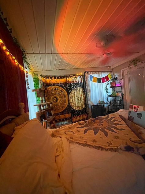 Sun Bedroom Aesthetic, String Lights And Ceiling Tapestry, Astrology Bedroom Aesthetic, Ceiling Tapestry Ideas, Room Decor Tapestry And Lights, Aesthetic Tapestries, Tapestry Ceiling, Tapestry And Fairy Lights Bedroom, Tapestry With Fairy Lights