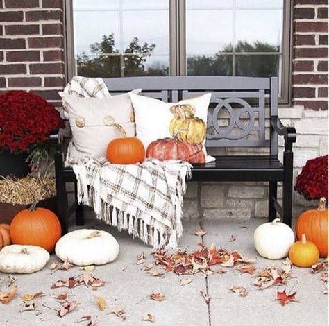 Porch Fall Decorating Ideas, Outdoor Fall Decor Ideas, Outside Fall Decor, Park Benches, Porch Bench, Porch Decorations, Fall Front Porch Decor, Bench Ideas, Fall Decor Ideas