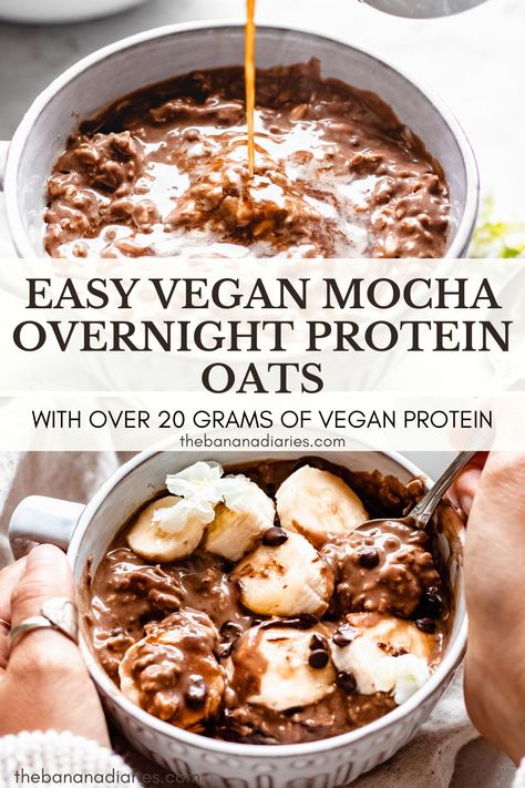 Deliciously creamy vegan mocha overnight protein oats that contain over 20 grams of plant based protein! Make the night before for the best secretly healthy breakfast that tastes like dessert! #vegan #veganbreakfast #overnightoats #protein Overnight Protein Oats, Banana Diaries, Vegan Gluten Free Breakfast, Protein Oats, Vegan Apple Pie, Vegan Overnight Oats, Vegan Kids Recipes, Pea Protein Powder, Dessert Vegan