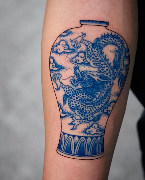 Porcelain Dragon Vase • Blue Tattoo | Tattoo Ideas and Inspiration Blue Dragon Tattoo, Vase Tattoo, Blue Ink Tattoos, Dragon Tattoo Meaning, Dragon Vase, Red Dragon Tattoo, Tattoos Inspiration, Clover Tattoos, Blue Tattoo