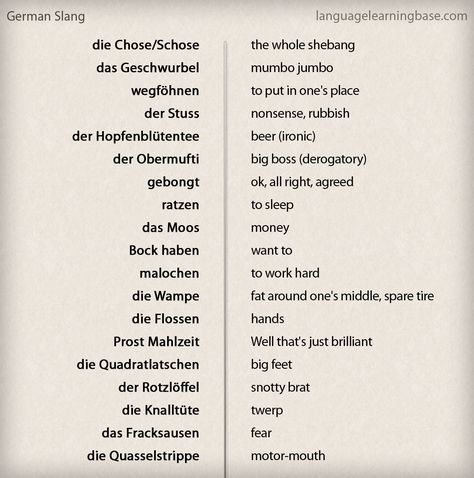 German Slang. Yes, it's like a language of its own. German Slang Words, German Slang, German Vocabulary, German Resources, Slang Phrases, Germany Language, German Study, German Phrases, Learning German