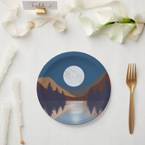 Rustic Abstract Landscape Forest Moon Reflection Pottery Painting Scenery, Mountain Pottery Painting Ideas, Forest Pottery Painting, Mountain Painted Pottery, Forest Mountain Landscape, Round Mountain Painting, Moon Reflection, Moon Over Water, Reflection Paper