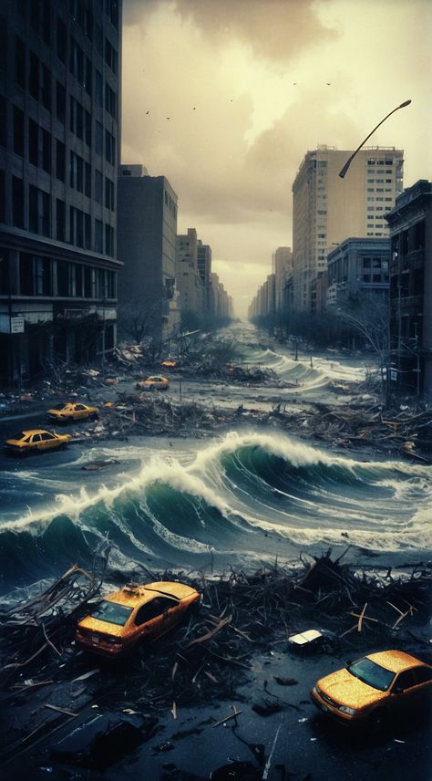 In a apocalyptic world in the city Large tsunami waves 3 Tsunami Photography, Tsunami Wallpaper, Tsunami Aesthetic, Disaster Drawing, Natural Disasters Art, Prophetic Art Worship, Earth Day Drawing, Apocalyptic World, Tsunami Waves