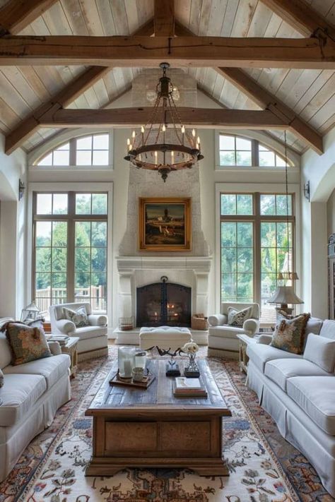 Modern French Country Living Room, French Country Living Room Ideas, Country Living Room Ideas, Ceiling Inspiration, French Country Interior, Beams Living Room, French Country Interiors, Country Style Living Room, Vaulted Ceiling Living Room