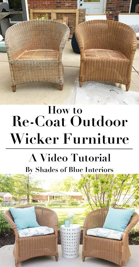 How to refresh aged or worn wicker furniture by recoating with a solid exterior stain. Video tutorial showing products and process used. Boho Wicker Decor, Wicker Furniture Makeover, Painting Wicker Furniture, Upcycled Decor, Patio Furniture Makeover, Treasure Maker, Enclosed Porch, Lloyd Loom, Exterior Stain