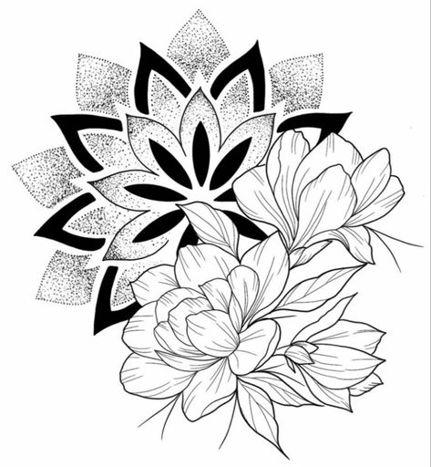 Basic Mandala Art, Flowers Around Mandala Tattoo, Lilly Mandala Tattoo Design, Floral Com Mandala, Flower Mandala Sketch, Small Beach Tattoos, Half Mandala Half Flower, Hahaha Joker, Dotwork Tattoo Mandala