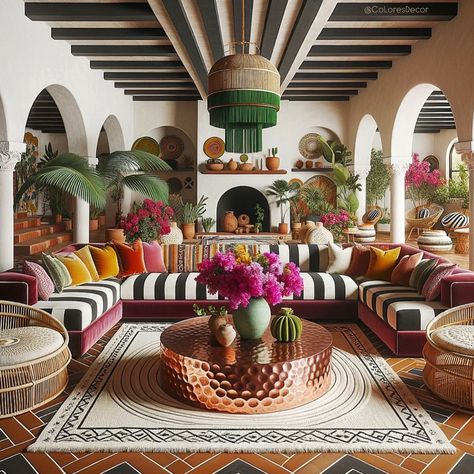 Modern Mexican Hacienda, Colorful Boho Living Room, Mexican Interior Design, Peacock Chairs, Mexican Interiors, Mexican Hacienda, Artisan Decor, Modern Mexican, Mexican Home