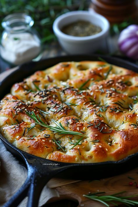 Focaccia bread in a cast iron skillet, topped with rosemary and sesame seeds. Farmhouse On Boone Focaccia, Bread Baked In Cast Iron Dutch Oven, Bread Recipe No Knead, Cast Iron Pan Bread Recipes, Pioneer Woman Foccacia Bread, Cast Iron Garlic Bread, Focaccia With Pizza Dough, Cast Iron Skillet Side Dishes, Foccacia Bread Recipes Dutch Oven