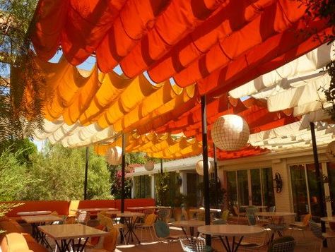 Great patio idea...colorful fabric canopies. Norma's Restaurant at Le Parker Méridien, Palm Springs, CA.: Back Door Canopy, Pvc Canopy, Princess Canopy, Window Canopy, Nursery Canopy, Canopy Architecture, Canopy Curtains, Canopy Bedroom, Backyard Canopy