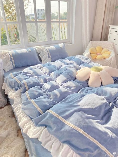 Pastel Bedsheets, Blue Bed, Inspirational Content, Dekorasi Kamar Tidur, Pastel Room, Cute Bedroom Decor, Redecorate Bedroom, Dreamy Room, Blue Rooms