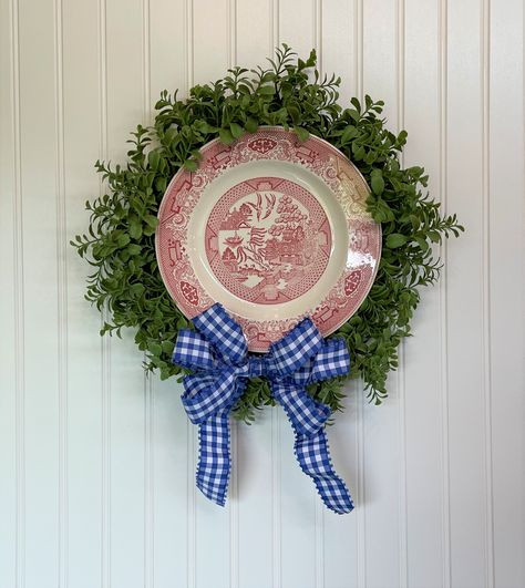 Decorating With Gingham, Vintage Plate Wreath, Wreath With Plates, China Plate Wreath, Dish Wreaths, Chinoiserie Plates On Wall, Plate Wreath Diy, Blue Willow Plate Wreath, Blue Willow Plates On Wall