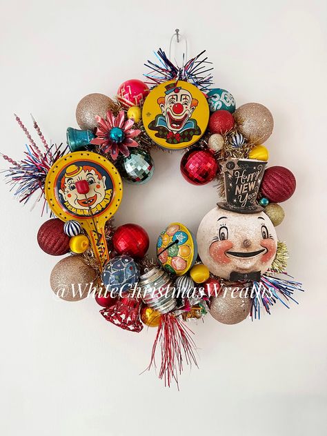 New Year's Wreath, Christmas Wreath Made With Vintage Ornaments, New Year’s Eve Wreath, Vintage Ornament Christmas Wreath, Vintage Christmas Ornament Wreath, Vintage Wreath, Patriotic Art, New Year's Crafts, New Year Decor