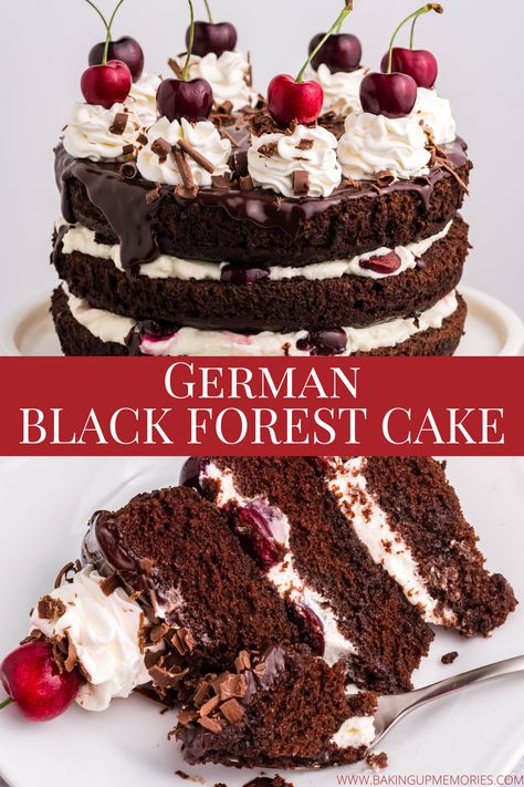 This decadent German Black Forest Cake recipe features fluffy chocolate sponge cake, layered with fresh whipped cream and cherries. This cake is light, perfectly sweet, and delicious. #germanblackforestcake #easycakerecipes #cakes #cherrycakerecipes #chocoaltecakerecipes #easydessertrecipes German Black Forest Cake Recipe, Black Forest Gateau Recipe, Blackforest Cake Recipes Easy, Black Forest Cherry Cake Recipe, Black Forest Bundt Cake Recipe, Black Forest Cake Recipe Easy, German Deserts, German Black Forest Cake, Black Forest Cherry Cake