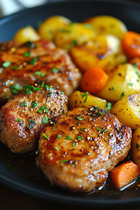 Grilled pork chops with roasted potatoes and carrots garnished with fresh herbs. Best Boneless Pork Chops Ever, What To Make With Boneless Pork Chops, Simple Boneless Pork Chop Recipes, Boneless Chops Recipes, Sous Vide Boneless Pork Chops, Tender Boneless Pork Chop Recipes, Pork Chop Meal Ideas, Pork Loin Chops Recipes Boneless, Boneless Pork Chops Recipes