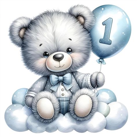 A cute watercolor style teddy bear sitting on a cloud holding blue balloon with number 1 | Premium AI-generated image Teddy Bear Sitting, Teddy Bear Cartoon, Bear Sitting, Baby First Birthday Cake, Diy Bouquet Wrap, Teddy Bear Pictures, Blue Balloon, Bridal Bouquet Flowers, Cute Watercolor