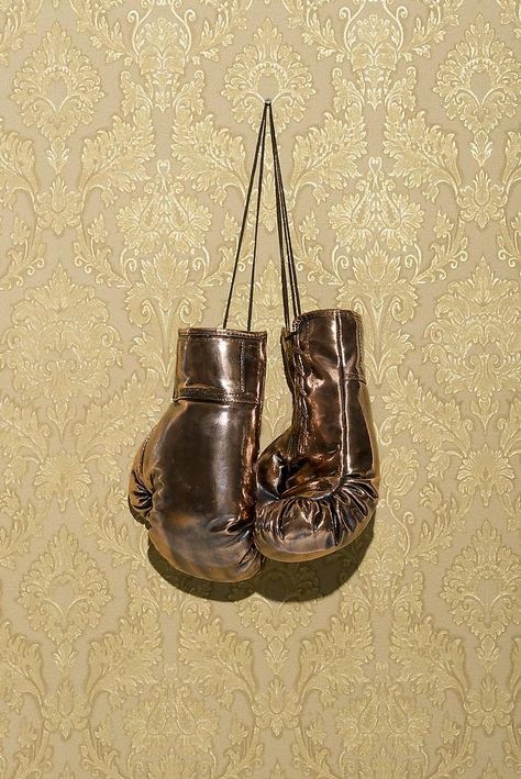 Carlos Rolon, My Father's Wishes (No. 1), 2013. Wallpaper, wood, 24 kt. gold leaf, metal, and bronzed boxing gloves, 50 x 64 inches. Gold Boxing Gloves, Walton Ford, Gloves Aesthetic, Boxing Rings, Rainbow City, Training Gear, Boxing Gloves, Kickboxing, Purple Hair