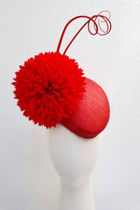 This statement piece features a red straw teardrop base with a large red 'pom pom' style flower and two curled quills, fastened by an elastic. Designed and lovingly handmade by Cessiah Alice Millinery. ON SALE - WAS $259  Hat Shape: Pillbox Colour: Red Features/Construction: Straw, Spring/Summer Condition: New Price: 229 AUD  Milliner: Cessiah Alice Millinery Item Location: Australia Pom Pom Fashion, Pill Box Hat, Box Hat, Designer Hats, Pillbox Hat, Flower Headpiece, Pill Boxes, Red Flower, Colour Red