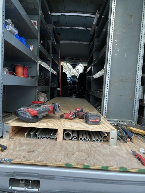 Work Van Storage, Work Van Storage Ideas, Van Storage Ideas, Van Organization, Van Shelving, Work Trailer, Work Van, Crystal Shelf, Van Storage